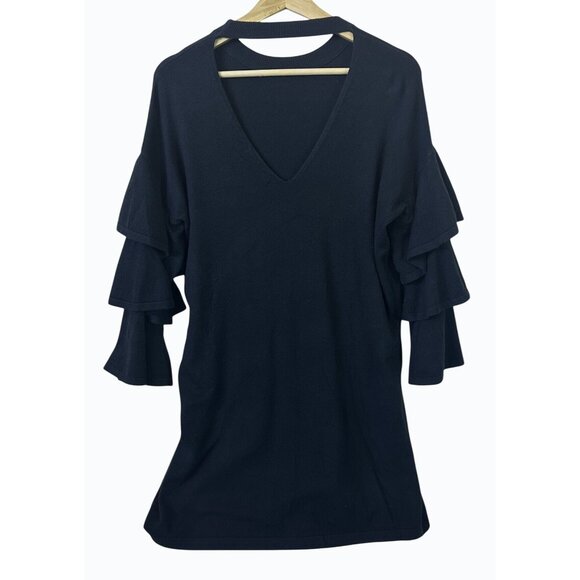 Olivaceous Teal Green Ruffled Sleeve Knit Dress With V-Neck Back & High Neckline - Picture 2 of 16